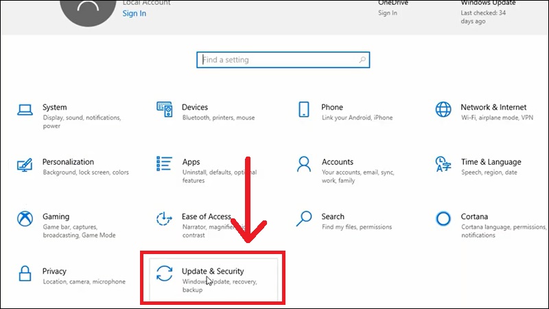 Vào mục Update & Security