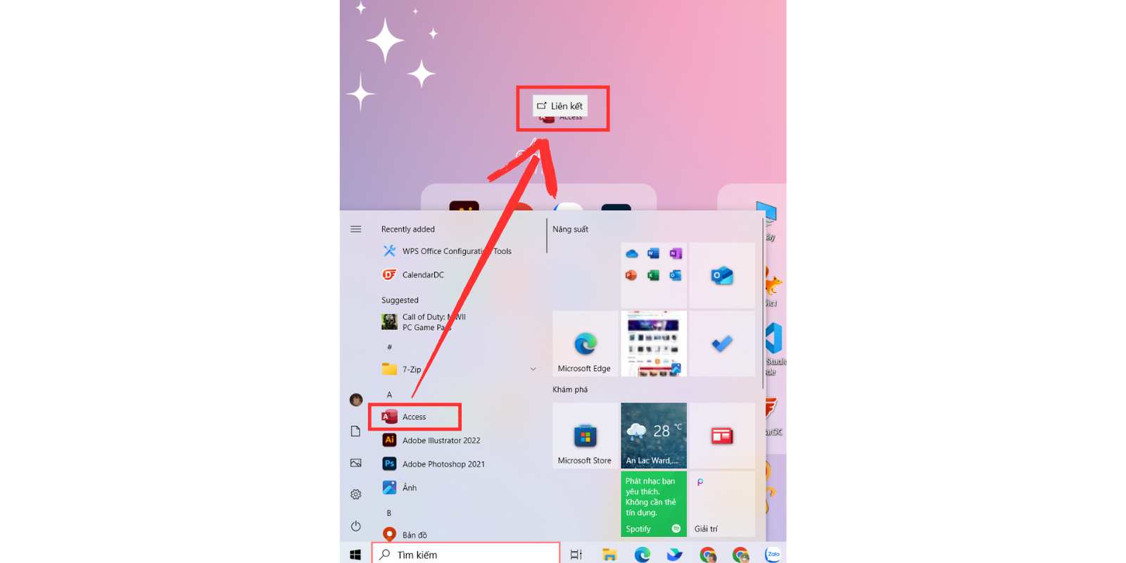 cách kéo ứng dụng ra màn hình máy tính bằng start menu