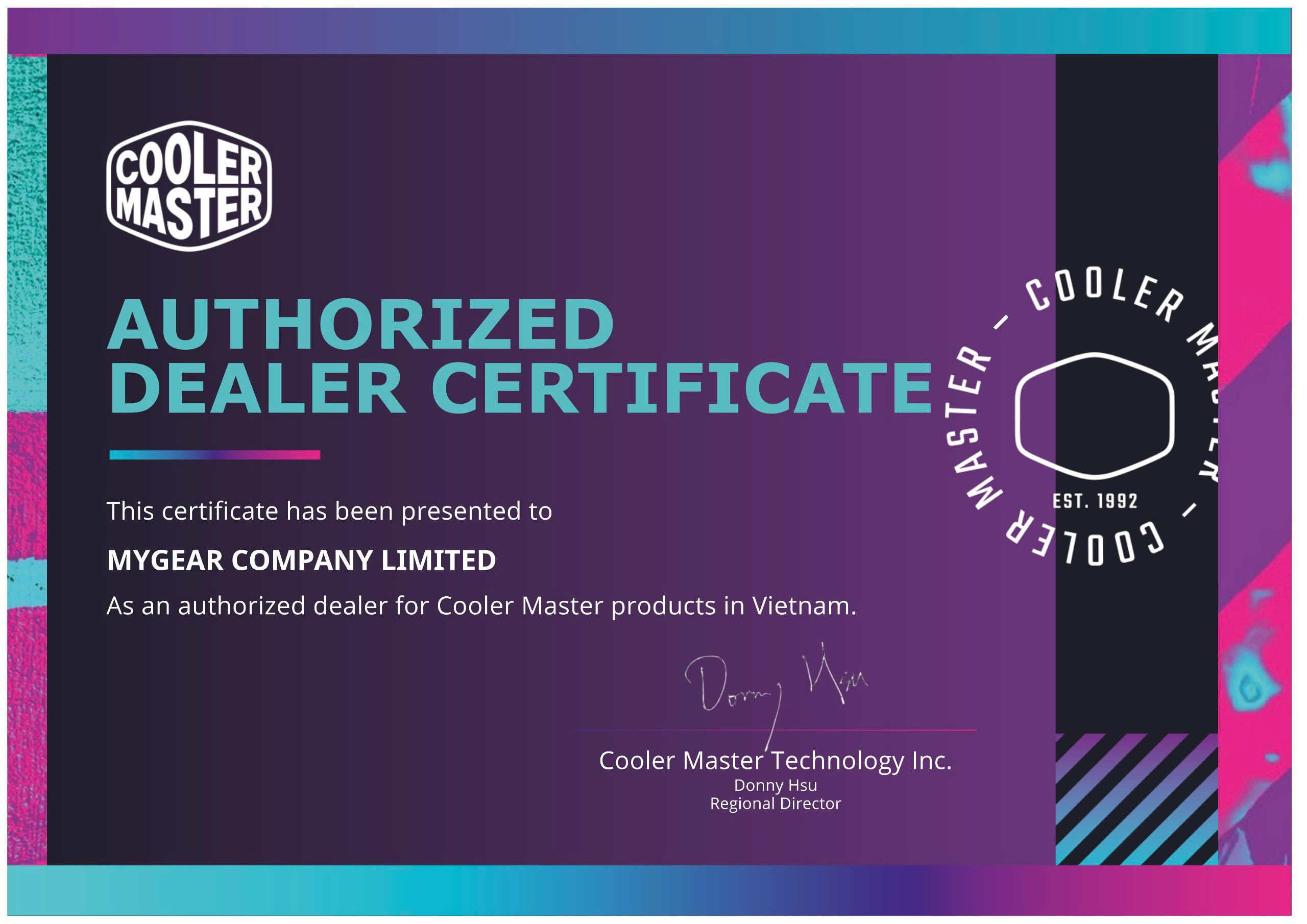 Cooler Master Authorized Dealer Certificate