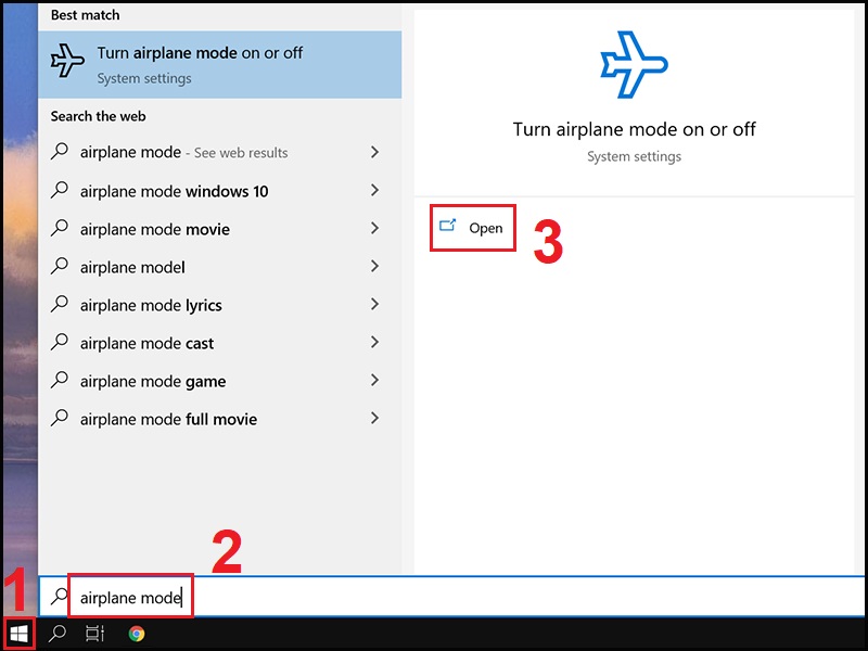 Mở chế độ máy bay trong System Settings