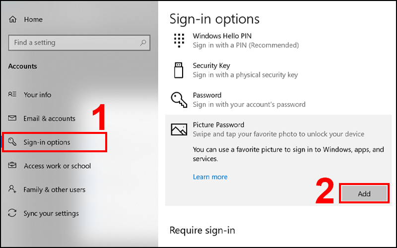 Vào mục Picture password chọn Add để kích hoạt