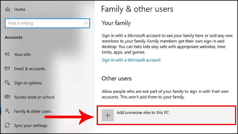 Nhấn vào Add a new user in PC settings