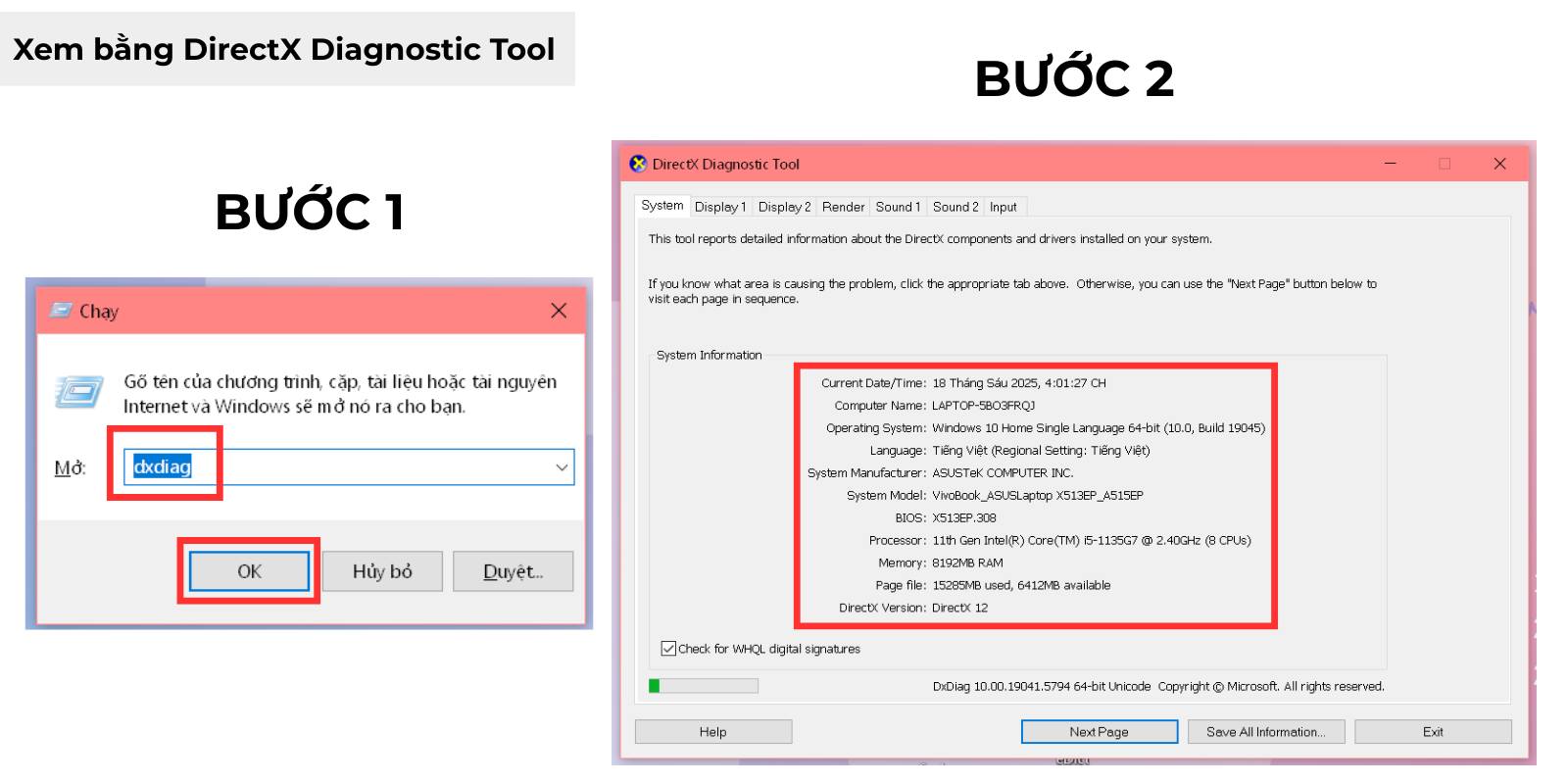 kiểm tra cấu hình máy tinh win 10 bằng directx diagnostic tool
