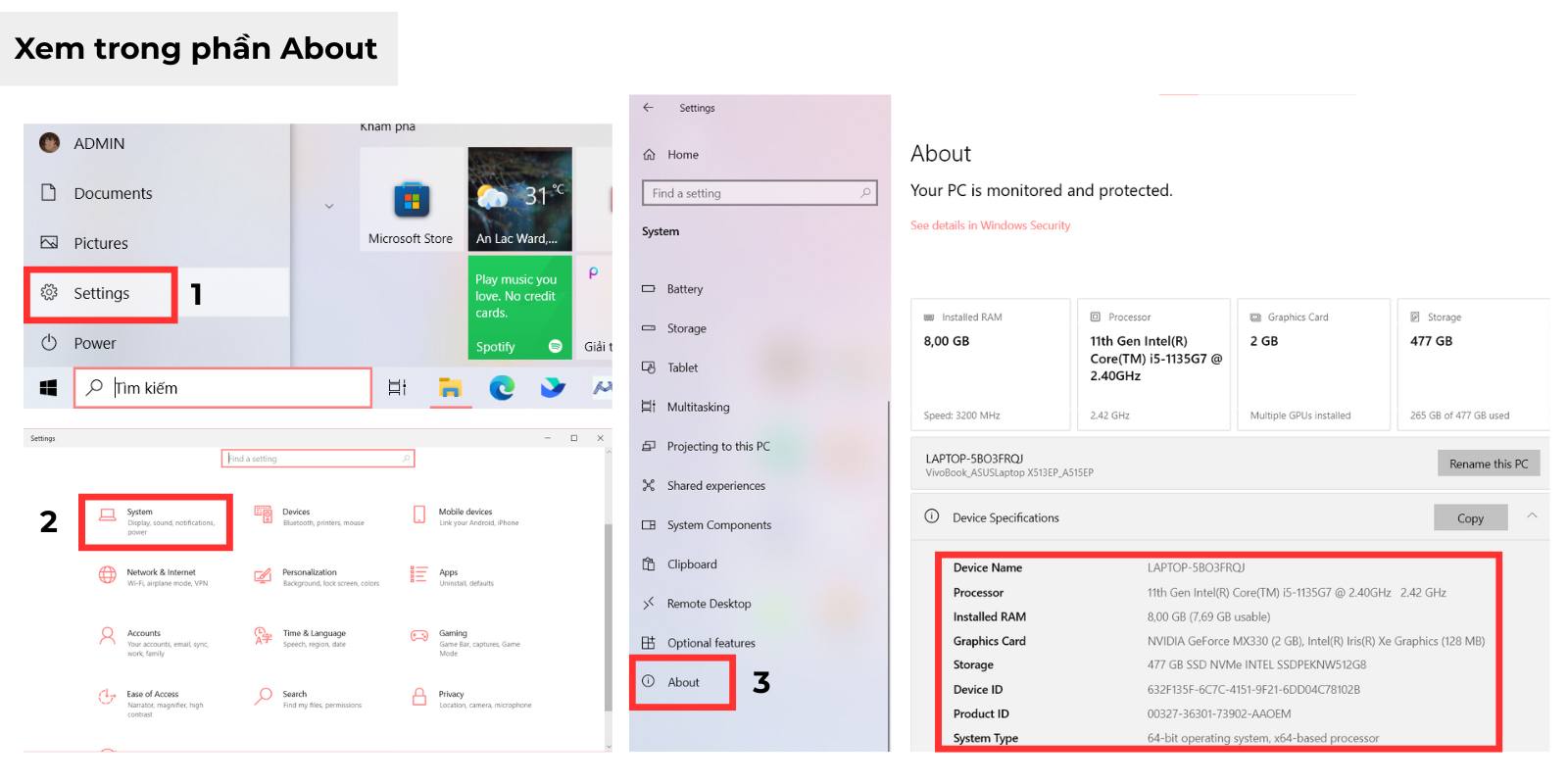 xem cấu hình máy tính win 10 trong phần about