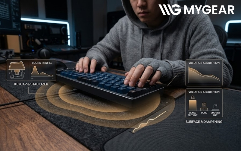 Chất âm Thocky còn phụ thuộc vào keycap, stabilizer và bề mặt đặt bàn phím