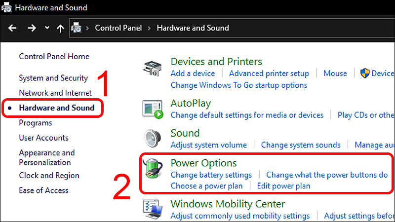 Vào Power Options