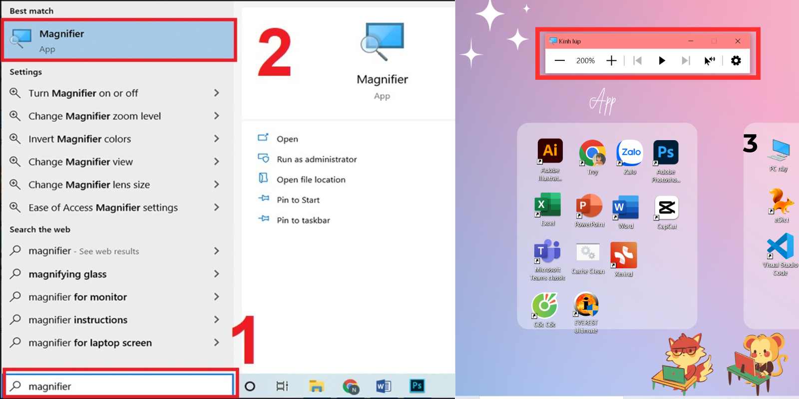 cách thu nhỏ giao diện màn hình bằng magnifier