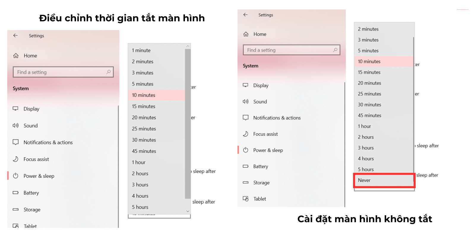 cài đặt thời gian tắt màn hình win 10 bằng setting