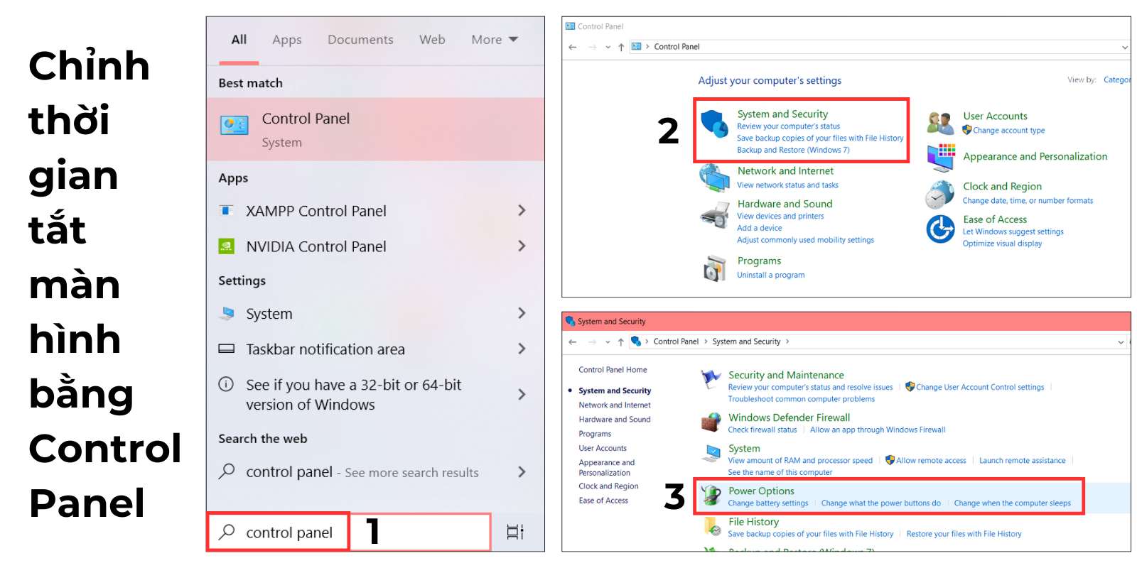 chỉnh thời gian tắt màn hình bằng control panel