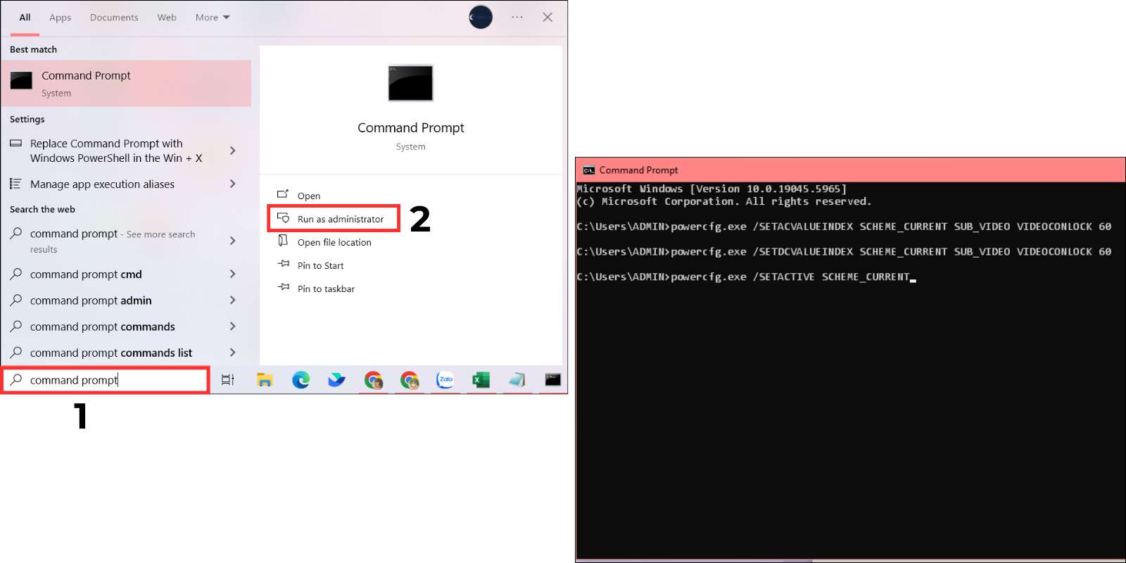 chỉnh thời gian tắt màn hình win 10 bằng command prompt