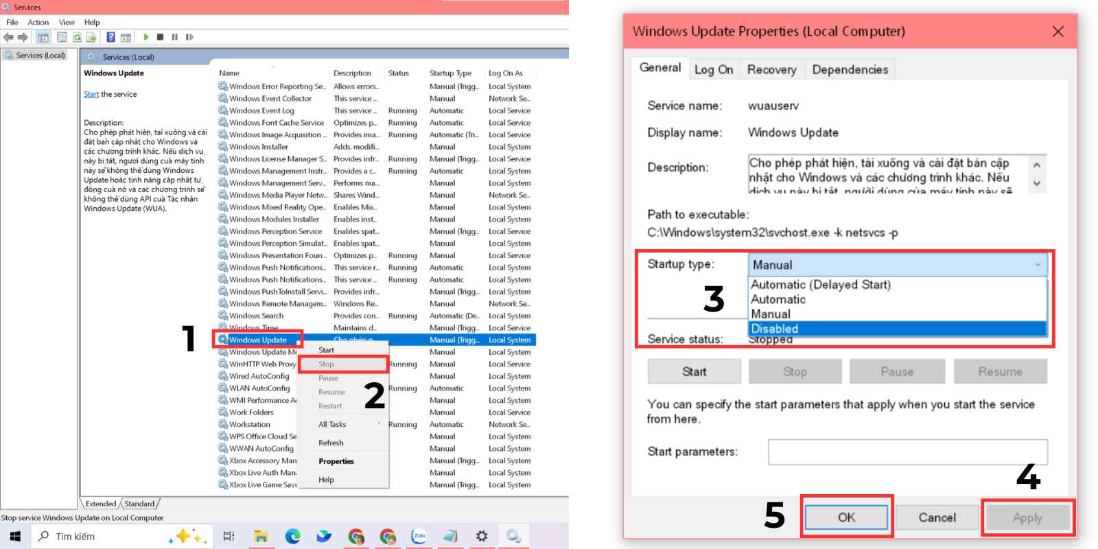 vô hiệu hóa windows updates
