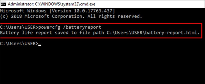 nhập lệnh: Powercfg /batteryreport > Nhấn Enter