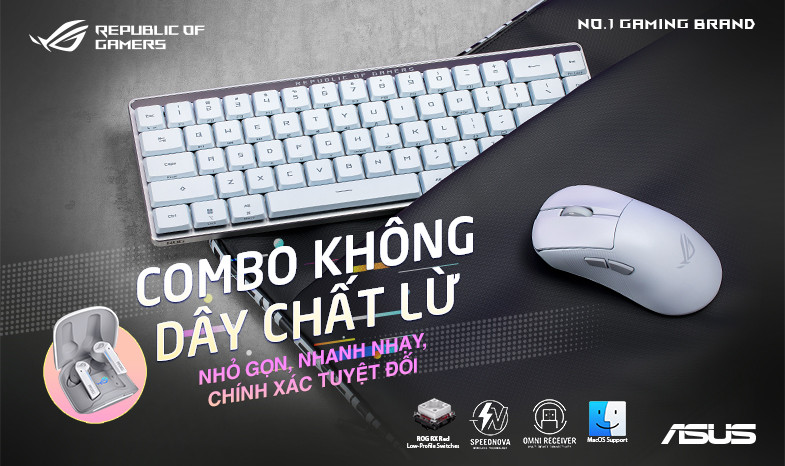 Mua combo phím gaming không dây ROG Falchion Low Profile + chuột gaming không dây ROG Harpe Aim Lab White Edition, nhận ngay tai nghe không dây ROG Ce