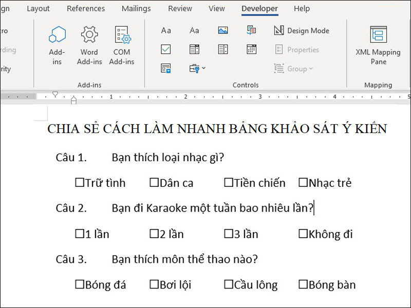 Hướng dẫn làm phiếu khảo sát trong Microsoft Word 2016 2010 cực nhanh, đơn giản