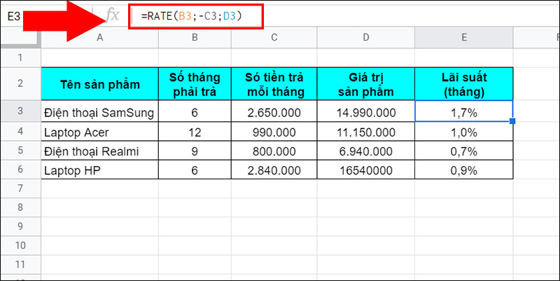 Hướng dẫn cách sử dụng hàm RATE trong Google Sheet để tính lãi suất đơn giản và hiệu quả nhất 