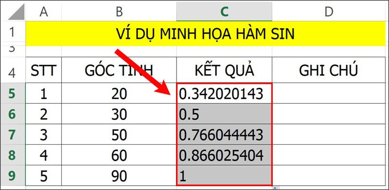 Hướng dẫn sử dụng hàm SIN trong Excel cực chi tiết có ví dụ minh họa