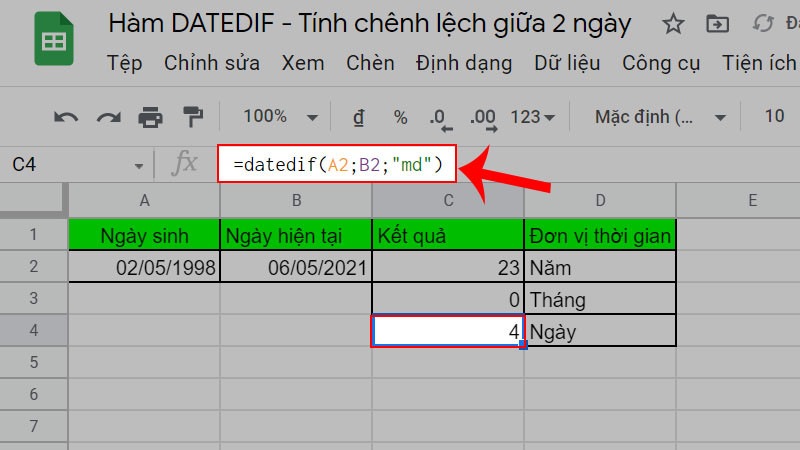 Bật mí cách dùng hàm DATEDIF tính chênh lệch giữa 2 ngày trong Google Sheet cực đơn giản