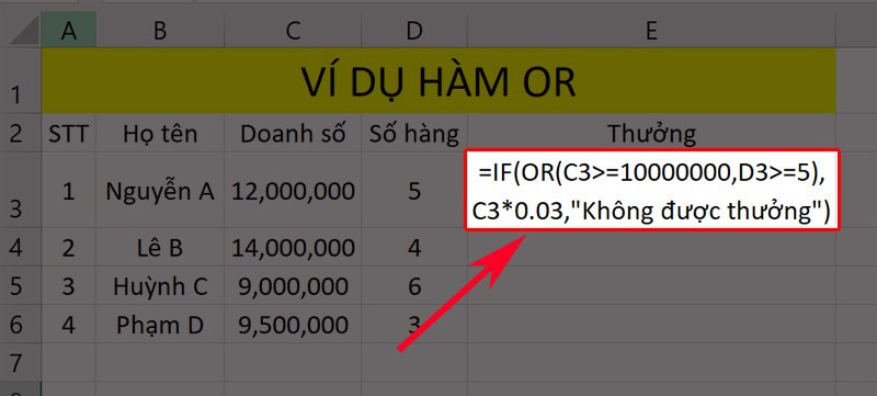 Hướng dẫn sử dụng hàm OR so sánh giá trị trong Excel
