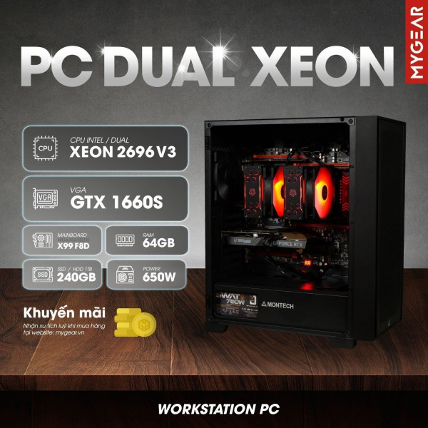 MG DUAL XEON| Dual Xeon E5 2696 V3| RAM 64GB| 240GB SSD| Main X99-F8D| GTX 1660S| 650W|