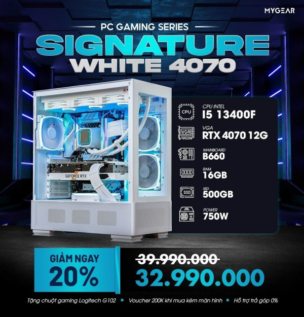 MG SIGNATURE WHITE 4070 (I5 13400F/ Main B660/ RTX 4070 12G/ 16GB RAM/ 500GB SSD/ 750W)