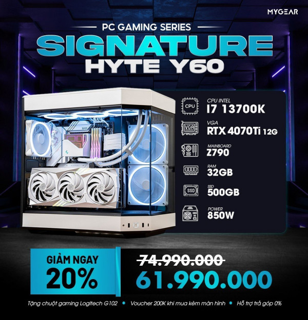 MG SIGNATURE HYTE Y60 4070Ti (I7 13700K/ Main Z790/ RTX 4070Ti 12G/ 32GB RAM/ 500GB SSD/ 850W)