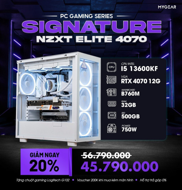 MG SIGNATURE NZXT ELITE 4070 (I5 13600KF/ Mainboard B760M/ RTX 4070 12G/ 32GB RAM/ 500GB SSD/ 750W)