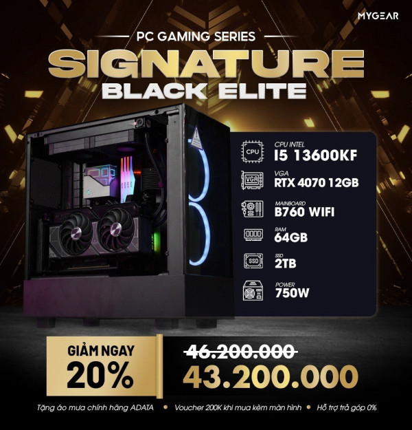 MG SIGNATURE BLACK ELITE (I5 13600KF/ Mainboard B760 WIFI/ RTX 4070 12GB/ 64GB RAM/ 2TB SSD/ 750W)