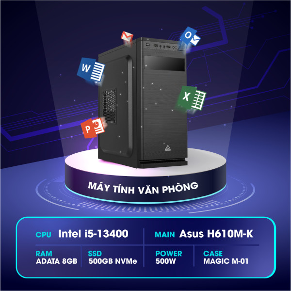 PC Office Intel i5 13400 (Intel i5 13400/ Mainboard H610M-K/ 8GB RAM/ 500GB SSD/ 500W)